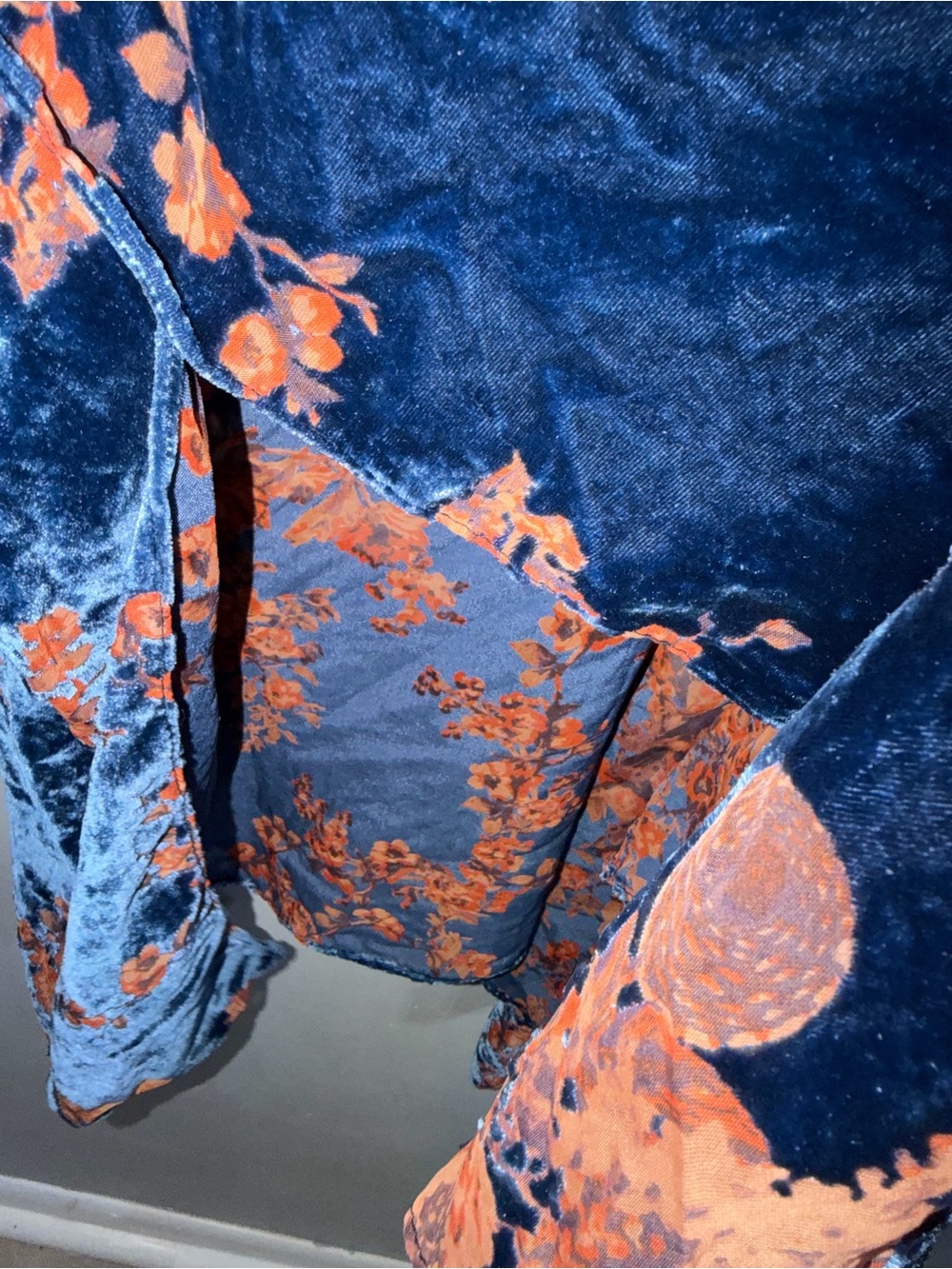 Navy Velvet Burnout Floral Kimono with Orange Blossom Print OS - Picture 4 of 6